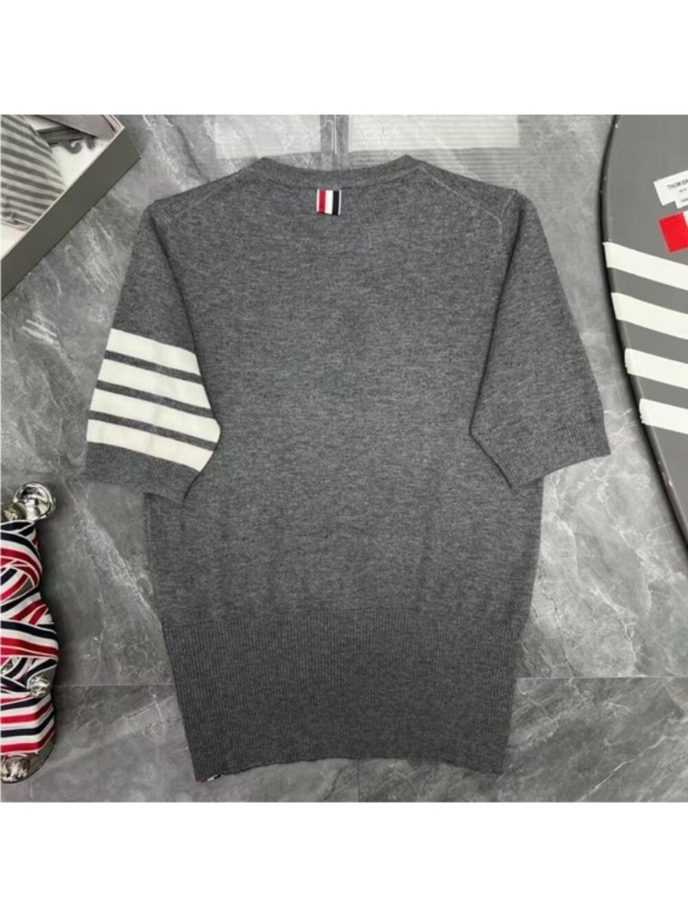 THOM BROWNE Four-Stripe Summer Knit Sweater, Crew Neck, Short Sleeve, Women's - Picture 2 of 9